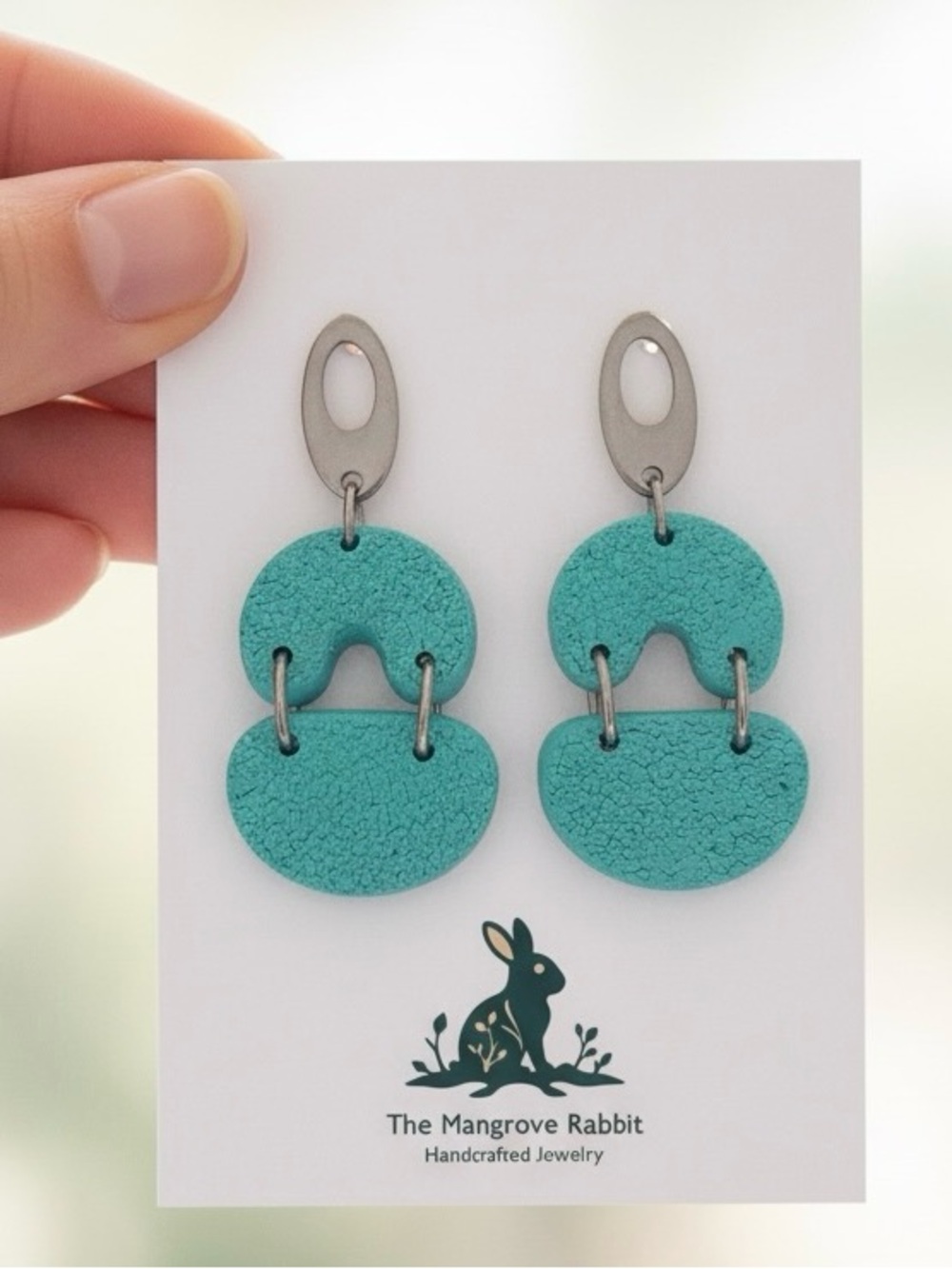 Handmade Blue Textured Large Dangle Polymer Clay Earrings Stainless Steel Posts